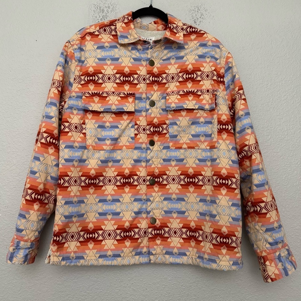 PacSun Aztec Print Jacket Small Multicolor Fleece Lined‎ Snap Front Unisex